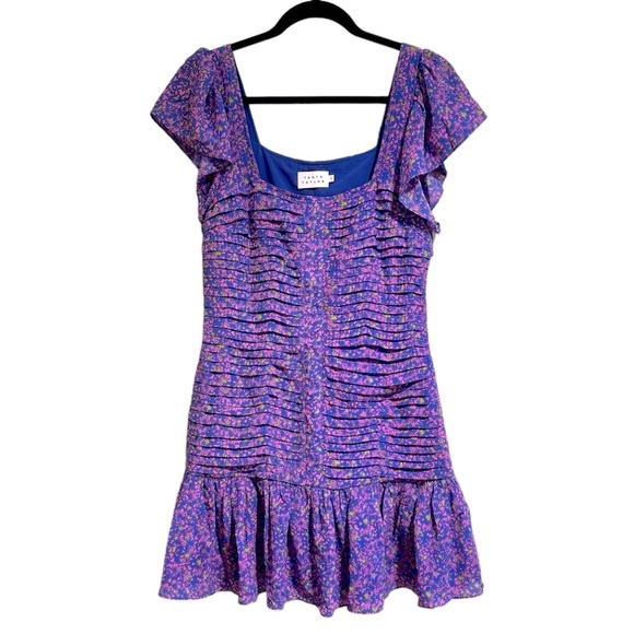 Tanya Taylor Yvette floral confetti cerulean print ruffle hem silk dress, size 6 - Picture 3 of 11